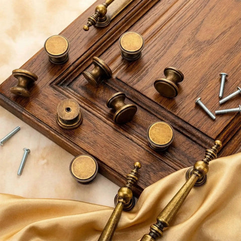 10 Pack Vintage Antique Brass Cabinet Knobs 1 Inch Round Dresser Knobs For Kitchen Cabinets Drawers And Furniture Brushed Brass Finish Single Hole Cupboard Door Knob Durable Solid Brass Hardware displayed with screws on wooden surface.