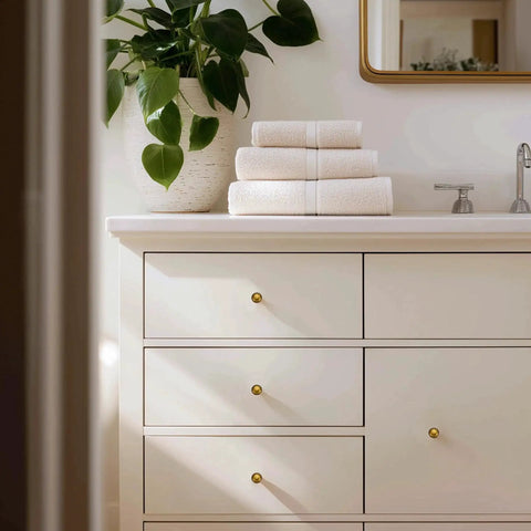 Bathroom cabinet with 30 Pack Antique Brass Cabinet Knobs 1-1/4 Inch Diameter Round Solid Zinc Alloy Drawer Pulls installed, plant on countertop.