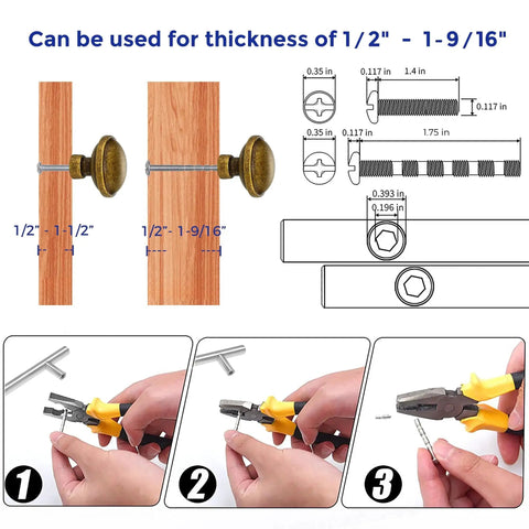 Installation instructions for 30 Pack Antique Brass Cabinet Knobs 1-1/4 Inch Diameter showing measurement and assembly guide