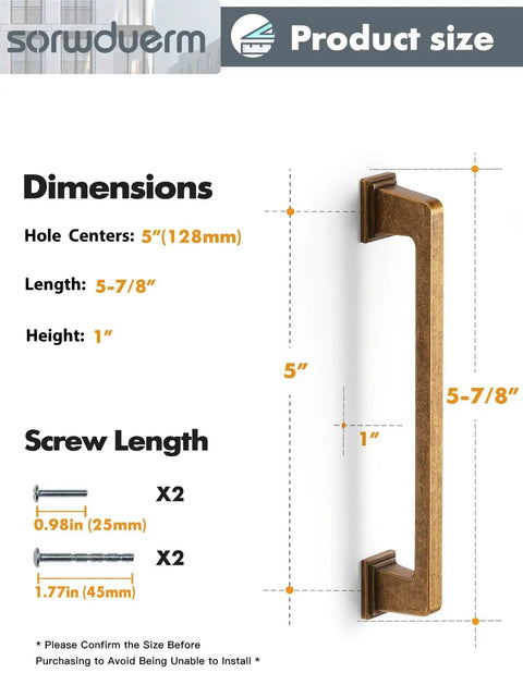 Antique Brass Square Cabinet Pulls 5 Inch Center To Center 128mm Hole Modern Retro Vintage Cabinet Handles size guide.