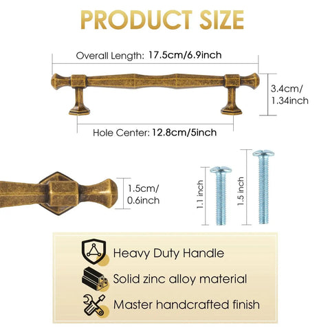 Antique Brass Cabinet Pulls 5 Inch Center To Center Zinc Alloy Solid Drawer Handles with M4 Screws Product Size Overview