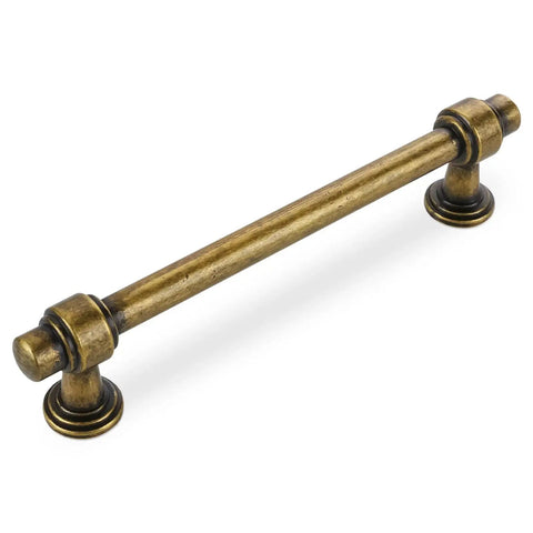 Antique brass cabinet pull handle, 5 inch length, durable alloy, with smooth edges and vintage look for kitchen cabinets and drawers.