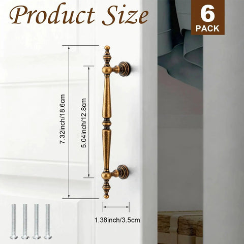 Antique Brass Cabinet Pulls Set Of 6, 7.32 Inch Long With 5.04 Inch Center-To-Center vintage drawer handle on door, product dimensions shown