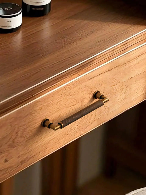 Antique Brass Cabinet Pull on Dresser, 5-Inch Center, Knurled Design, Zinc Alloy, Installed View, Ideal for Bathroom Cabinets and Furniture.