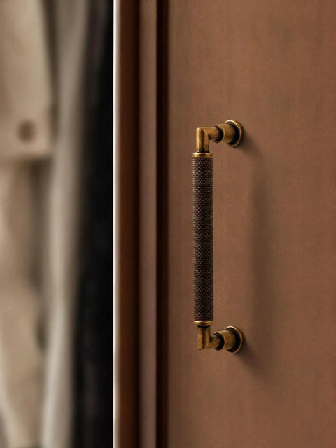 Antique Brass Cabinet Pulls Set Five Inch Center Knurled Vintage Drawer Pulls Installed on Wooden Door