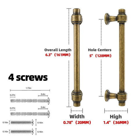 Image shows two 10 Pack Antique Brass Cabinet Pulls 5 Inch Drawer Handles with dimensions and included screws.