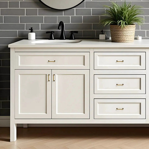 White bathroom vanity with Antique Brass Cabinet Pulls 3 Inch Center 10 Pack Zinc Alloy Handles, vintage style hardware installed on drawers.