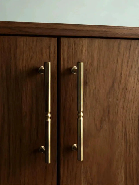 Antique Brass Cabinet Pulls 6.3 Inch Hole Center 160mm installed on a wooden cabinet, featuring solid brass construction and vintage design.