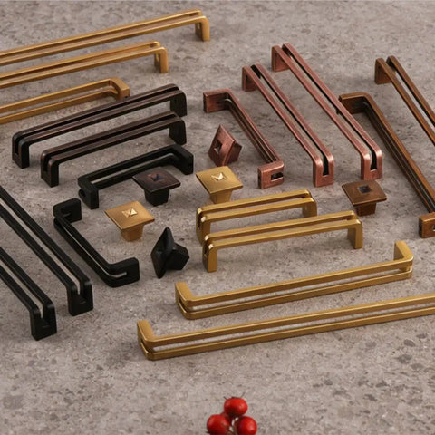 Collection of cabinet pulls including Antique Brass 5 Inch Hole Center Heavy Duty Solid Cabinet Pulls Square Kitchen Drawer Handles Six Pack