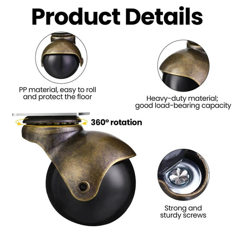 Vintage 2 Inch Ball Caster Wheels 12 Pack Antique Brass 360 Degree Swivel Plate Castors details with screws and swivel feature