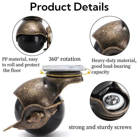 Close-up of antique brass ball caster wheels with PP material, showing 360-degree mobility and screws for furniture use.