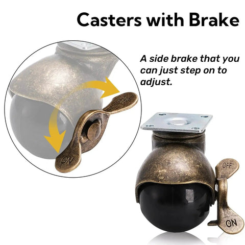 Close-up of Eight Pack 2 Inch Antique Brass Ball Caster Wheels With Brakes showing brake lever and swivel ball design.