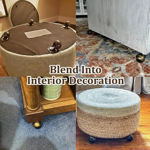Ball Caster Wheels Set Of 4, 2 Inch Swivel Furniture Castors With Antique Brass Top Plate installed on various furniture pieces.