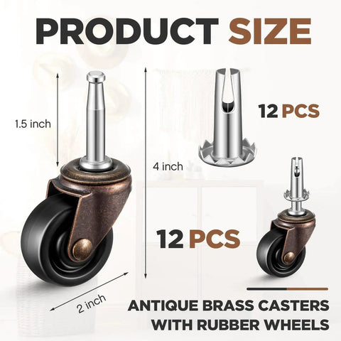 12 Set Antique Brass Casters With Rubber Wheels For Furniture Legs 2 Inch Wheel Diameter Vintage Stem Replacement Rollers