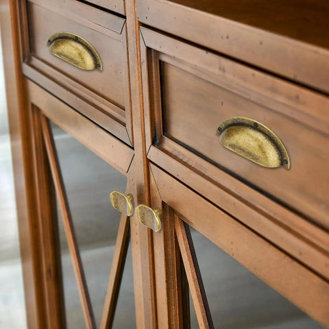Antique Brass Zinc Alloy Cabinet Pulls 2.5 Inch Center Hole 64mm Heavy Duty Cupboard Handles on wooden dresser with M4 screws