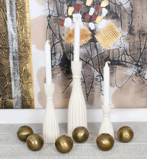 2.75 inch Decorative Balls, 6 Pieces, Orbs, Spheres Bowl/Vase Filler Antique Brass displayed with white candles on table