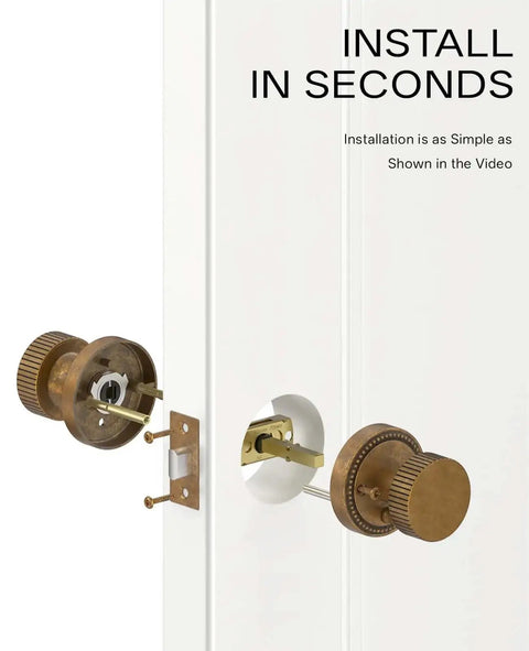 Installation of 4 Pack Antique Brass Privacy Door Knobs With Lock For Bedroom Or Bathroom, shown with parts aligning on a door.