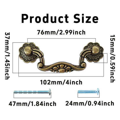 Dimensions of Vintage Drop Bail Pull Handles Two Pack with 76mm Center Holes Zinc Alloy Cabinet Hardware in Antique Brass