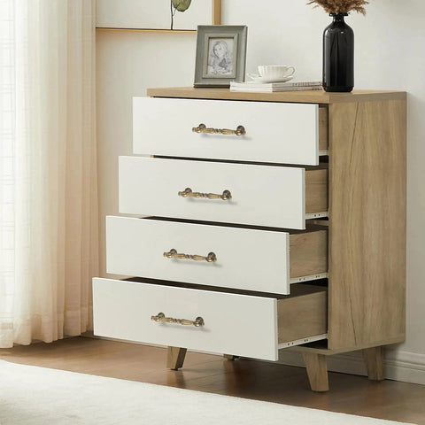 Drawer with 2 Pack Antique Brass Cabinet Drawer Pulls 3.75 Inch Vintage Bronze Bar Style Handles installed on white drawers