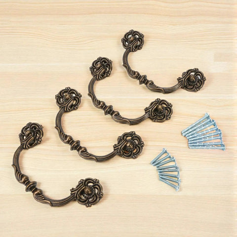 4-Pack Antique Brass Drawer Pulls 4.5 Inch Center-to-Center Drop Bail Dresser Handles Vintage Style Bronze Look Hardware for Cabinets Desks
