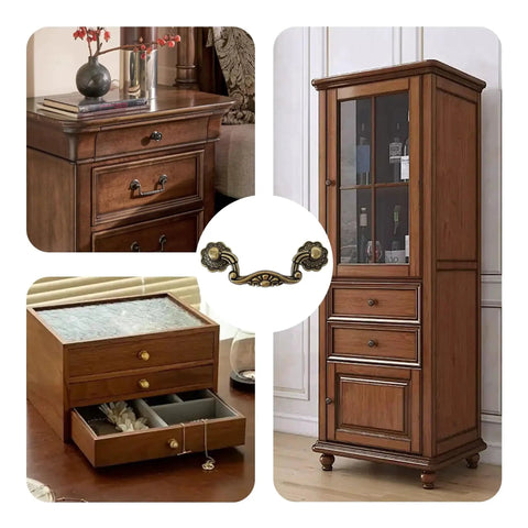Vintage Drop Bail Pull Handles Two Pack with 76mm Center Holes Zinc Alloy Cabinet Hardware in Antique Brass on furniture