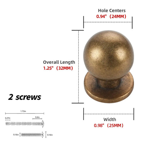 Antique Brass Kitchen Cabinet Knob with dimensions; 24 mm hole centers, 32 mm length, and 25 mm width; includes screws for installation.