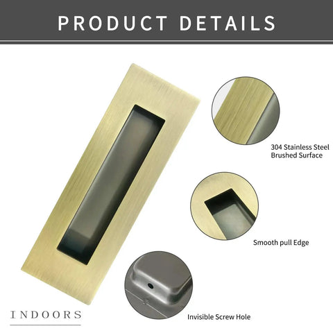 Recessed Finger Flush Pulls With Edge Pull In Antique Brass, 4.72 Inch Sliding Closet Door Handles with brushed stainless steel surface