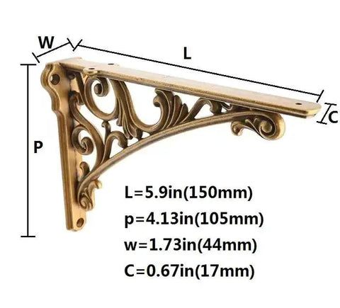 Antique Brass 6 Inch Decorative Shelf Brackets Baroque Style Heavy Duty L Shaped With Hardware Included dimensions illustration