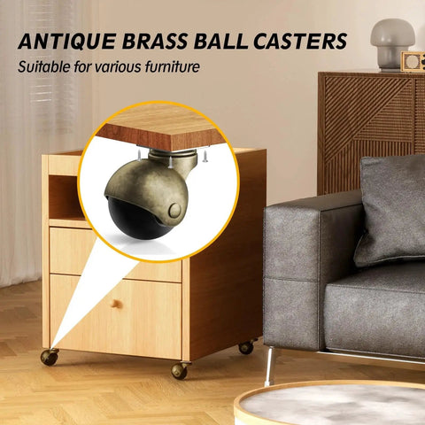 4 Pack Ball Caster Wheels Set 1.5 Inch Brass Plate Swivel Casters With Screws installed on wood cabinet