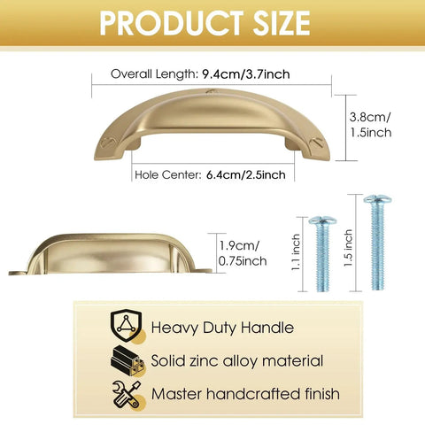 Antique Brass Zinc Alloy Cabinet Pulls 2.5 Inch Center Hole 64mm with M4 screws product size diagram, heavy duty handle details.