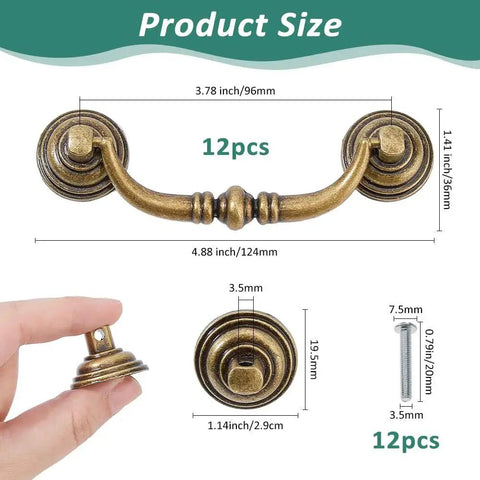 Set Of Six Vintage Bail Pull Handles In Antique Bronze Alloy For Cabinets And Drawers 4 Inch Hole Center product size dimensions