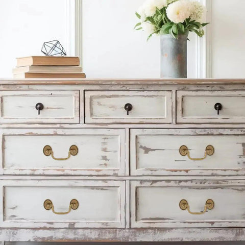Vintage Bail Pull Handles Set Of 4 Antique Bronze Alloy Drop Pulls installed on white dresser drawers