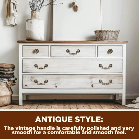 Antique Bronze Cabinet Hardware Set 12 Pc Includes 6 3 Inch Bail Handle Drop Pulls And 6 1.33 Inch Vintage Flower Shape Knobs installed on dresser