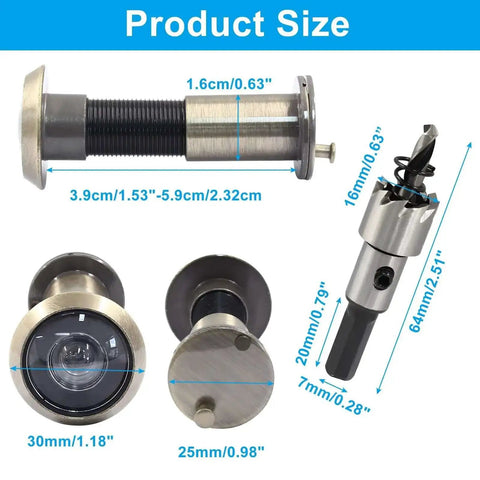 Antique Bronze Door Viewer Peephole with Adjustable Length showing size details, Zinc Alloy Body, and included 16mm drill bit.