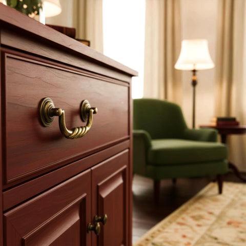 4.5 Inch Center To Center Antique Bronze Drawer Pulls Pack Of 4 Bail Drop Swing Handles on dresser in living room