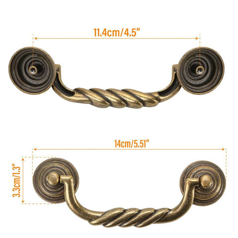 4.5 Inch Center To Center Antique Bronze Drawer Pulls Pack Of 4 Bail Drop Swing Handles For Dresser Cabinets And Furniture Restoration Vintage Style Brass Look 114 Mm Center To Center shown in close-up with measurement details