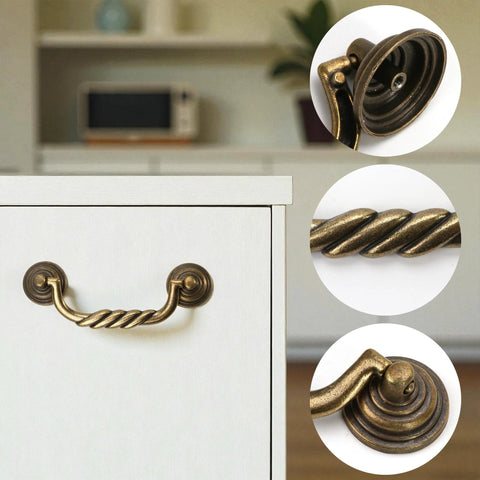 4.5 Inch Center To Center Antique Bronze Drawer Pulls Pack Of 4 Bail Drop Swing Handles for dresser, cabinet close-up and detail view.