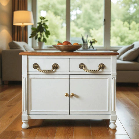 White cabinet with 4.5 Inch Center To Center Antique Bronze Drawer Pulls Pack Of 4 Bail Drop Swing Handles, vintage wood top, living room setting.