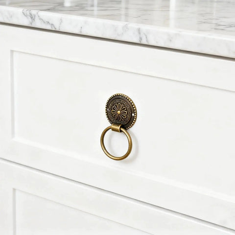 Six Piece Cupboard Drawer Pull Ring Handles Antique Bronze Finish 1.42 Inch Diameter with white dresser