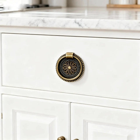 Six Piece Cupboard Drawer Pull Ring Handles Antique Bronze Finish 1.42 Inch Diameter with M4 Screws on white cabinet