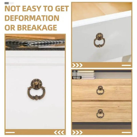 Vintage Drop Ring Pulls Set of 4 in Antique Bronze installed on white cabinet and wood dresser drawers