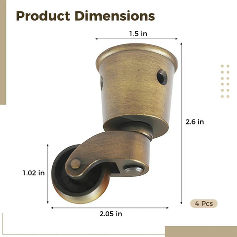 4 Pcs Vintage Furniture Casters In Antique Bronze Cup Shaped Chair Caster Wheels For Furniture Legs Heavy Duty Zinc Alloy Swivel Rollers For Smooth Mobility Floor Protection And Effortless Movement, showing dimensions 2.6 inches high