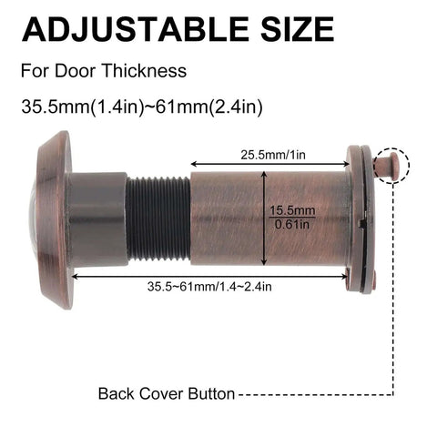 Side view of Heavy Duty 200 Degree Door Peephole Viewer with dimensions and adjustable size for 1.4-2.4 inch door thickness.