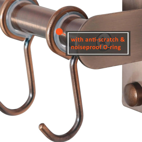 Close-up of Kitchen Utensil Holder Hanger, Pot and Pan Rack Wall Mount in antique copper with two hooks attached.