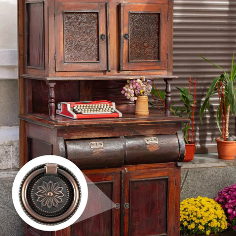 6 Piece Antique Drawer Pull Ring Set With M4 X 25 Mm Screws Included for vintage cabinet, showing close-up of decorative zinc alloy ring.