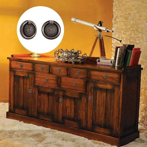 Antique wooden cabinet with 6 Piece Antique Drawer Pull Ring Set With M4 X 25 Mm Screws Included for vintage style hardware decor