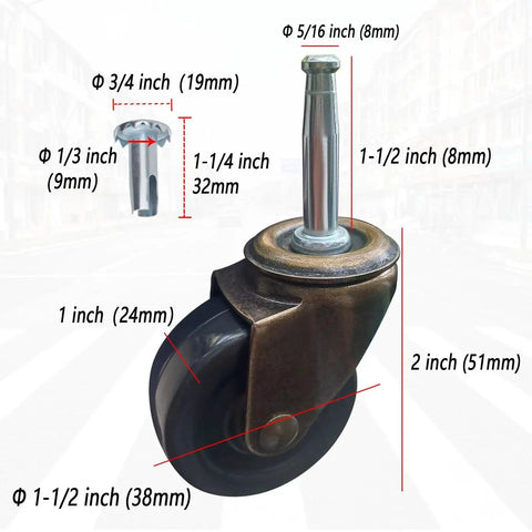 Antique Style Furniture Casters Set Of 4, 1-1/2 Inch Wheels, 5/16 Inch Axle, steel frame with dimensions