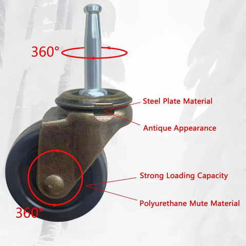 Antique Style Furniture Caster with polyurethane wheel and steel frame, showcasing 1-1/2 inch wheel and 5/16 inch axle design.