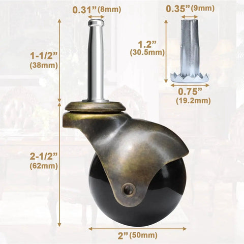 Two Inch Ball Caster Wheels Set Of Four With Five Sixteenth By One And One Half Inch Metal Sockets Antique Gold Finish Polyurethane Wheels