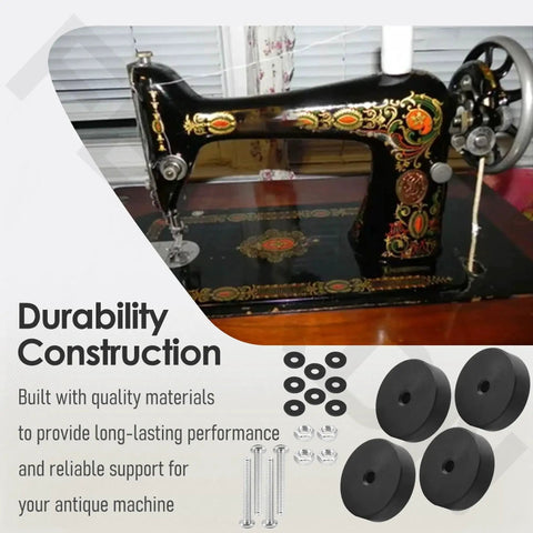 Antique treadle sewing machine with 4 Pack Replacement Wheels For Antique Treadle Sewing Machines, 1.32 Inch Diameter And 0.39 Inch Width, Durable And Easy To Install Plug In Replacement, Ideal For Vintage Restoration Of Treadle Machines displayed.